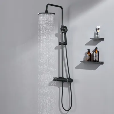 Produktbild von Duschsystem mit Thermostat Regendusche Edelstahl Regenkopf Runde Duschsäule Duschgarnitur Duscharmatur inkl. 3 Strahlarten Handbrause, höhenverstellbar Duschstange, Schwarz