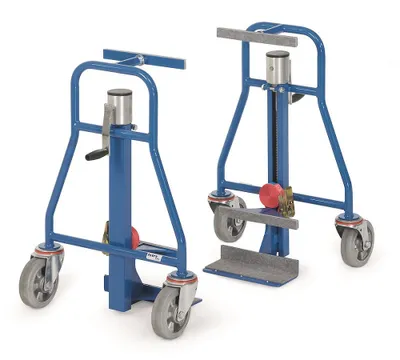 Two blue material handling dollies are shown against a white background.