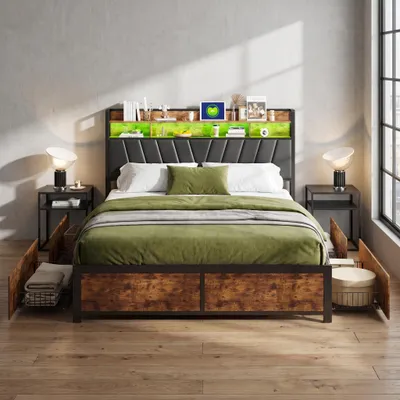 Produktbild von INONEFT Polsterbett 180x200cm mit USB und Steckdosen, 4 Schubladen, Jugendbett Doppelbett mit LED und Lattenrost, Stauraumbett Massivholzbett, Schwarz