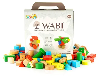 Zdjęcie produktu dla Magnetyczne klocki drewniane WABI, 120 elementów z 456 ruchomymi magnesami – 7 kształtów, 5 kolorów, w zestawie instrukcja z modelami i woreczek z tkaniny, drewno bukowe, od 3 lat, certyfikat EN-71/CE
