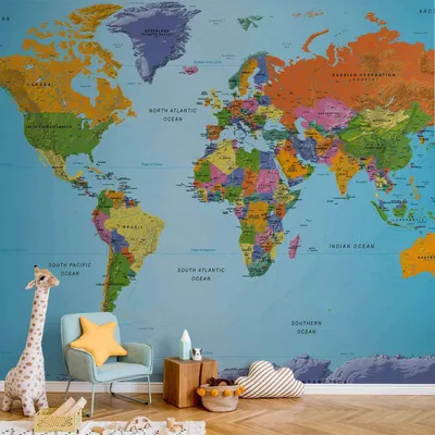 Obrázek produktu pro Samolepicí fólie na zeď - Mapa světa: Barevný zeměpis 196x140 cm Mapy k-A-0095-a-a