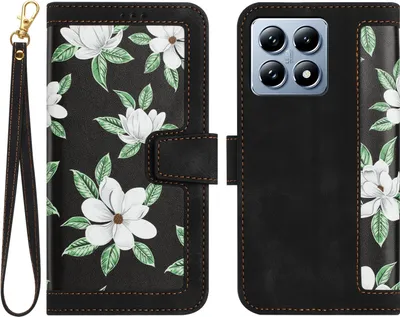 Obrázek produktu pro Pro Xiaomi 14T Pro Umělá kůže Peněženka Pouzdro na mobilní telefon Květinový design Pouzdra Černá