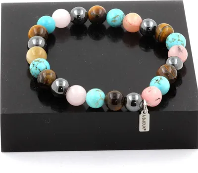 Zdjęcie produktu dla Bransoletka koraliki tygrysie oko + hematyt + różowy opal + turkus 8 mm