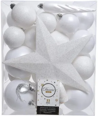 Produktbild von Weihnachtskugeln mit Christbaumstern Kunststoff 33er Set - Winterweiss