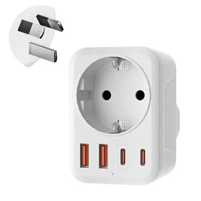 Produktbild von Reiseadapter Australien Typ I, 5 in 1 Steckdosenadapter (1 AC, 2 USB-C, 2 USB-A 3,4A), Reisestecker für China Neuseeland Argentinien Fidschi Schuko