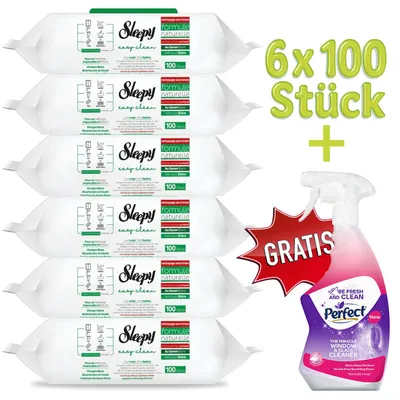 A bundle of Sleepy cleaning wipes and a Perfect brand window cleaner spray bottle, with promotional text and graphics.
