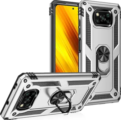 Produktbild von LaimTop Schutzhülle für Xiaomi Poco X3 NFC, Dual Layer Robust Militäre Fallschutz Hülle mit Ringhalterung Ständer Silber