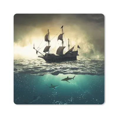 Produktbild von MuchoWow® Mauspad Mousepad Meer - Boot - Hai 20x20 cm - Mousepads - Maus Mat - Pad - Mausunterlage - Desk Mat - Bureauartikeln