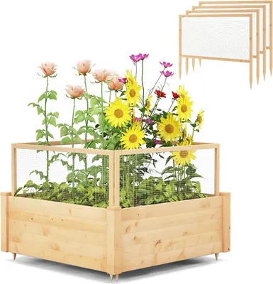 Produktbild von GOPLUS Hochbeet mit Schutzgitter, Pflanzbeet mit 9 Abteilungen, Gartenbeet aus Holz mit Bodenlosem Design für Blumen & Gemüse, 107×107×70cm