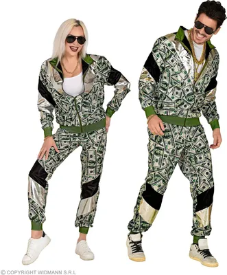 A man and a woman posing in matching dollar-bill patterned tracksuits.