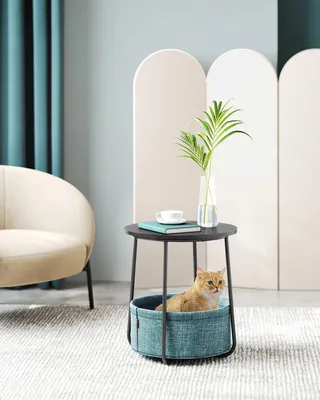 Produktbild von Runder Beistelltisch - Kleiner Couchtisch - Mit Stoffkorb - Stauraum - Wohnzimmer - Schwarz