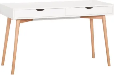 A white desk with wooden legs and two drawers, shown against a white background.