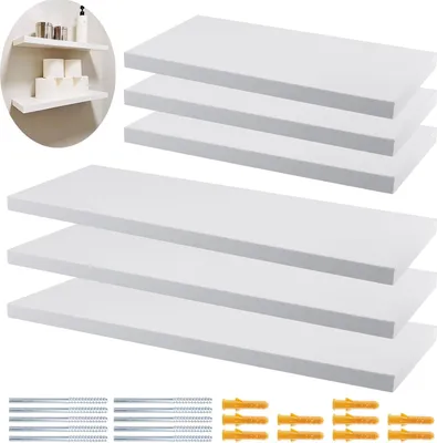 Obrázok produktu pre Sada 6 plávajúcich nástenných políc - biele drevo - 30 cm a 40 cm - montáž na stenu pomocou skrutiek - do obývačky kuchyne spálne kancelárie