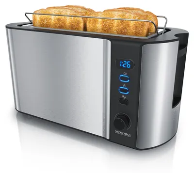 Obrázek produktu pro Topinkovač Arendo 4 plátky, dlouhý štěrbinový topinkovač, dlouhá štěrbina, nerezová ocel, 1500 W, displej s ukazatelem zbývajícího času, nástavec na rohlíky, funkce rozmrazování, tepelně izolační kryt, stříbrná/černá barva