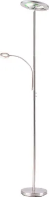 A modern LED floor lamp with two lights, one adjustable.
