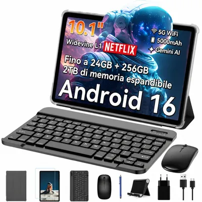 Immagine prodotto di TABWEE T20 Tablet Android 16 da 10,1 pollici, 24+256 GB con accessori, Face ID, Widevine L1, 5G WiFi, Gemini AI, 8 MP + 5 MP, GPS