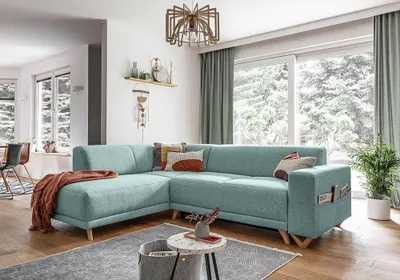Image de MIUFORM Classy Sophie - Canapé d'angle avec fonction lit et coffre de lit L-FORME GAUCHE - 250 x 192 cm - Turquoise - Canapé-lit Canapé