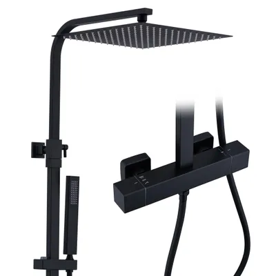 Produktbild von HOMELIVE Duschsystem mit Thermostat Schwarz, Duscharmatur Komplettset mit 30x30cm Regendusche Duschkopf,  Edelstahl Duschkopf, 855-1105 mm Höhenver