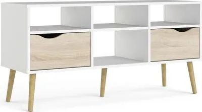 Image de Meuble TV, 4 Niches, 2 Tiroirs, 117,2 x 39,1 x 57,4 cm, Blanc et Chene Sonoma
