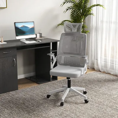 Immagine prodotto di sedia da ufficio ergonomica okwish, sedia girevole da lavoro con funzione di dondolo, sedia da scrivania con poggiatesta regolabile, sedia direzionale regolabile in altezza, grigio