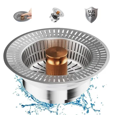 Image de Bouchon de vidange et filtre pour évier de cuisine, 3-en-1, type pop-up, en acier inoxydable doré, 5 cm