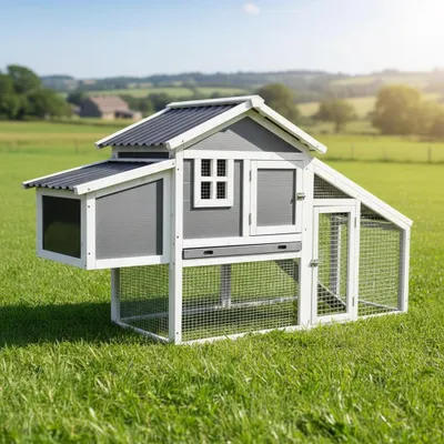 A wooden chicken coop with an attached run is set up in a grassy field on a sunny day.