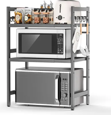 Produktbild von Erweiterbares Mikrowellenregal, 3-stufiges Mikrowellenregal, stehend für die Küche, Organizer, Mikrowellenständer, Küchenregal, Arbeitsplatte, Bäckerregal, Mikrowellenhalter mit 8 Haken