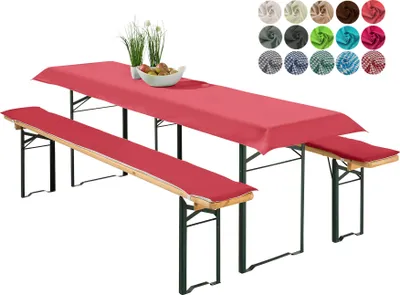 Produktbild von heimtexland ® Bierzeltgarnitur Auflagen Set 3-teilig Tischdecke Bierbank Polster Sitzkissen Tischdeko Typ698 Rot für Tischmaß 70x220 cm