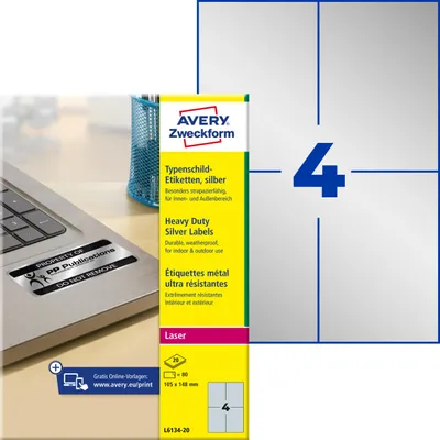 Produktbild von Avery Zweckform L6134-20, Typenschild-Etiketten, A4, 105 x 148 mm, 80 Etiketten / 20 Blatt, silber