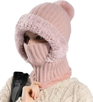 Produktbild von STILVORA Mützen, Gestrickte Plüsch, extra warme Wintermütze mit Fleece-Futter, winddichte 3-in-1 Strickmütze als Mütze, Schal & Gesichtsschutz für kalte Wintertage, Rosa