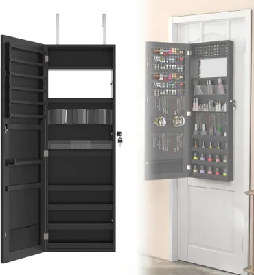 Image de ACXIN Miroir armoire à bijoux murale Rangement pour bijoux Suspendu avec serrure de sécurité Armoire à glace 2 en 1 à fixer au mur ou à suspendre 107,5 x 36,5 x 9,5 cm Noir