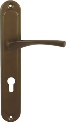 A bronze-colored door handle set with a keyhole plate, shown against a white background.