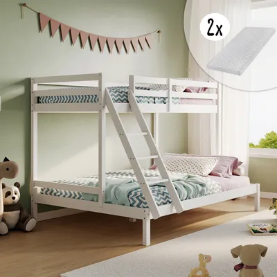 Produktbild von Hochbett, Etagenbett mit großem Bett unten (140x200 cm), EN 747- und robuster Holzrahmenkonstruktion, 206x147x145 cm, mit Matratze, Weiß
