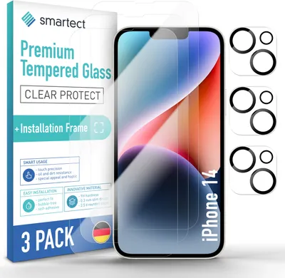 Produktbild von 3x Schutzglas Panzerfolie Klar für iPhone 14 Anbringhilfe + 3x Kameraschutz