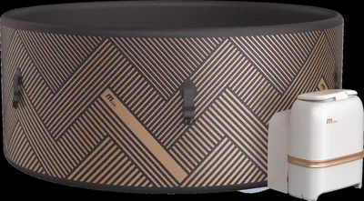 An inflatable hot tub and a separate control unit are shown against a black background.