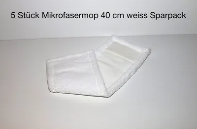 A white microfiber mop head is shown lying flat on a white surface, folded in half.