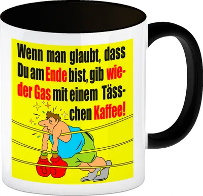 Produktbild von Motivation Kaffeebecher Schwarz mit Boxer Motiv in gelb