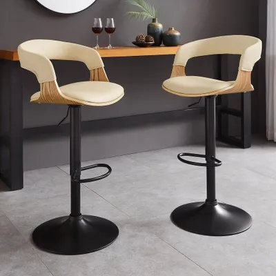 Two bar stools are shown in a modern setting, possibly a kitchen or dining area, with a counter and decorative items in the background.