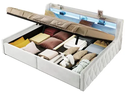 Produktbild von 140x200 Samt Plattformbett mit hydraulischem Stauraum & LED-Beleuchtung, Beige