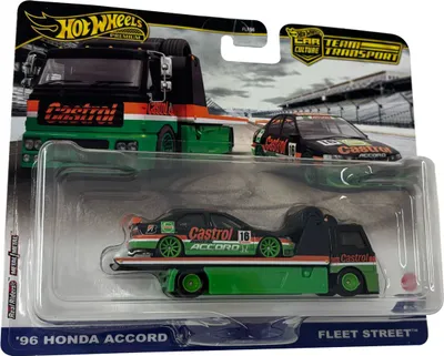 A Hot Wheels premium car culture team transport set featuring a '96 Honda Accord and a Castrol-branded truck, displayed in its retail packaging.