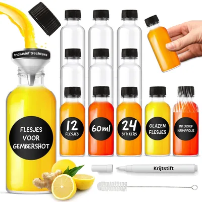 Imagen del producto de Juego de 12 botellas de vidrio de 60 ml con embudo y etiquetas – Ideal para shots y decoración