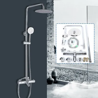 A shower system is displayed against a dark gray wall, with a separate inset image showing all the components of the shower system.