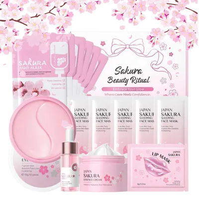 Image de Coffret de soins pour le visage, comprenant 14 produits : sérum, crème pour le visage, masque pour les lèvres, masque pour les yeux, masque de nuit, masque à l'argile, et boîte cadeau