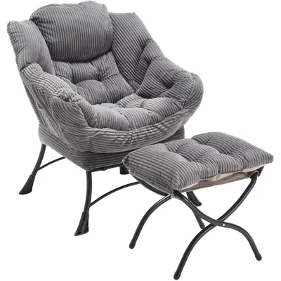 Produktbild von Sessel Flanell Armlehnstuhl Ohrensessel mit 1 Fußhocker, 1 Seitentasche, Relaxsessel mit Hocker, Der Polstersessel mit Stahlgestelle