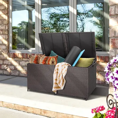 Produktbild von Auflagenbox Rattan 662 Liter mit Deckel Gartenbox mit 2 Rollen & Griff Kissenbox wetterfest mit Innentasche Kissentruhe Gasdruckfeder Aufbewahrungsbox Gartentruhe Auflagentruhe 150x77x72 cm