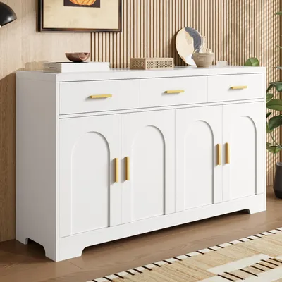 Produktbild von STILVORA Sideboard Weiß mit 4 bogenförmigen Türen und 3 Schubladen, Wohnzimmerschrank mit höhenverstellbaren Einlegeböden, Kommode mit goldenen Metallgriffen