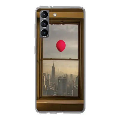 Produktbild von MuchoWow® Handyhülle Schutzhülle Hülle für Samsung Galaxy S21 Roter Ballon fliegt an Fenster in New York vorbei Silikon Softcase Handy Hülle - Softcase