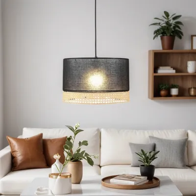 Produktbild von Hängeleuchte Stoff Rattan Ø 38,5 cm Schwarz Braun E27 Modern Hängelampe Wohnzimmer Esszimmer Schlafzimmer