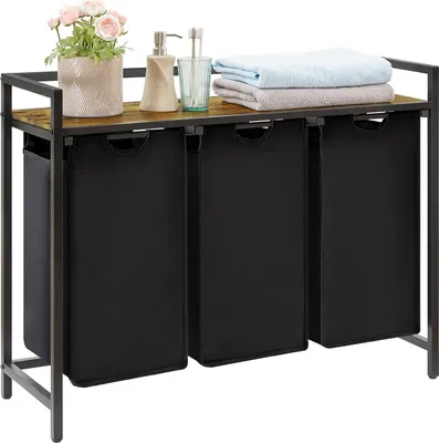 Image de Panier à linge à 3 compartiments, capacité 120 litres, panier à linge avec étagère et poches amovibles, trieur à linge pour la buanderie, la chambre, la salle de bain, le dortoir, noir