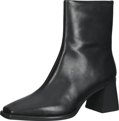 A black leather ankle boot with a square toe and a block heel is shown against a white background.
